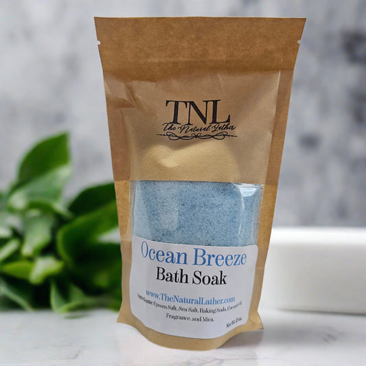 12oz package of a Ocean Breeze scented aromatic bath salt soak by The Natural Lather